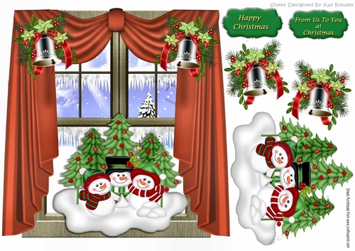 snow family ornament, with bells in window scene