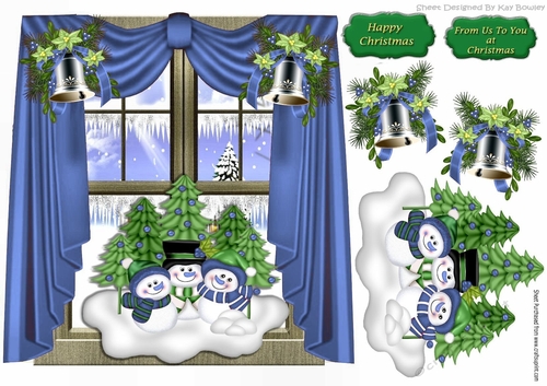 snow family in blue ornament, with bells in window scene