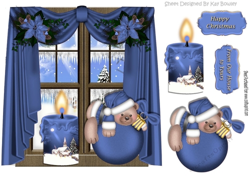 Little bear on blue bauble, with candle , window scene