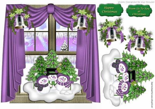 snow family in purple ornament, with bells in window scene