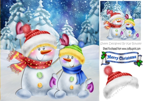 Whimsical happy snowmen in the snow 8x8