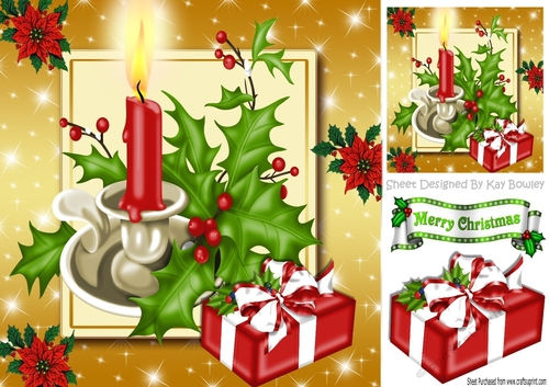 Pretty  red candle with holly. with present 8x8 