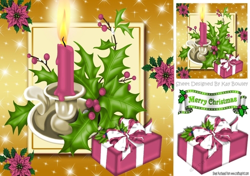 Pretty pink candle with holly. with present 8x8