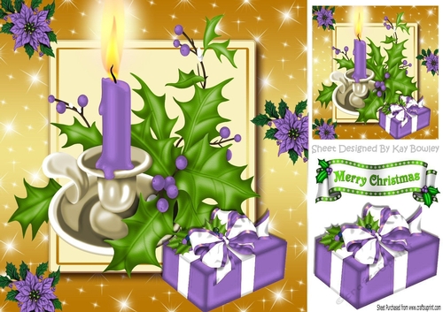 Pretty purple candle with holly. with present 8x8
