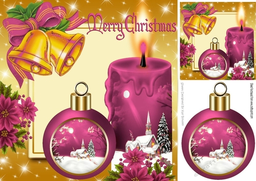 Pretty pink candle with church and bauble, with holly 8x8