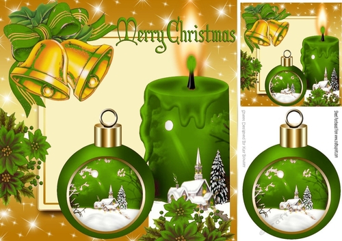 Pretty green candle with church and bauble, with holly 8x8