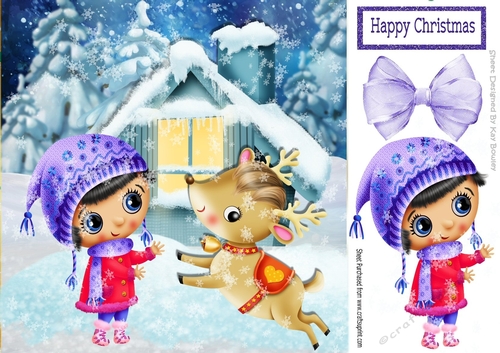 Whimsical little girl with reindeer playing in the snow 8x8