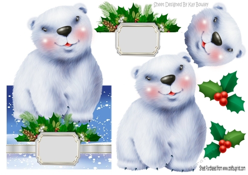 Cute whimsical polar bear in the snow, over the edge