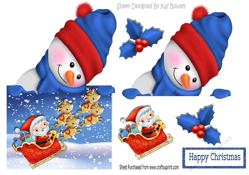 Lovely snowman  in blue watching santa over the edge
