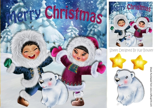 Christmas fun! Dancing Whimsical Eskimos with polar bear 8x8