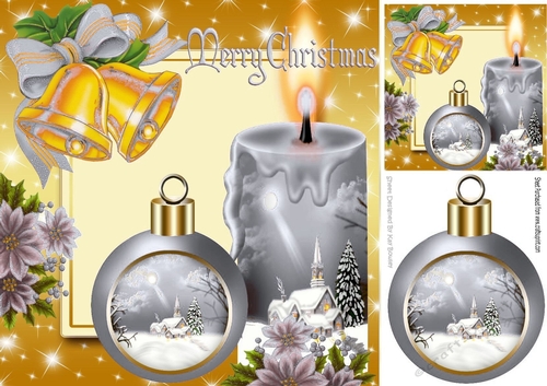 Pretty silver candle with church and bauble, with holly 8x8
