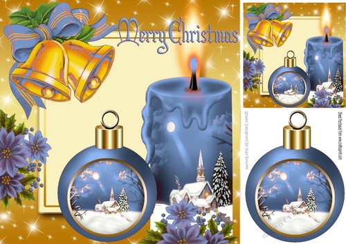 Pretty blue candle with church and bauble, with holly 8x8