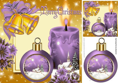 Pretty lilac candle with church and bauble, with holly 8x8