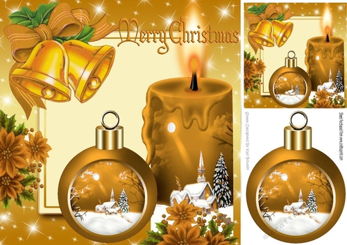 Pretty gold candle with church and bauble, with holly 8x8