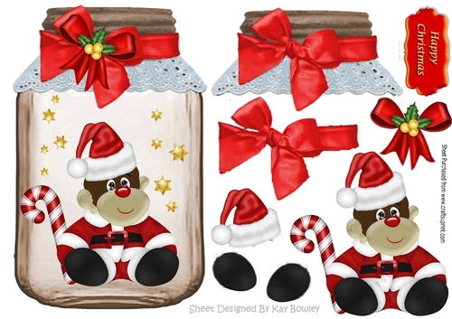 Cheeky little monkey in santa hat  in a jar with red bow
