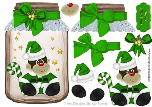Cheeky little monkey in santa hat  in a jar with green bow