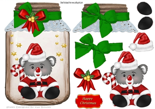  little koala  Bear  in santa hat  in a jar with green bow
