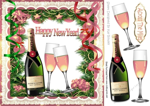 Streamers and  pink champagne in festive new year  frame 8x8