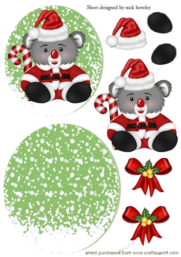 Koala bear in santa hat with bows rocker card