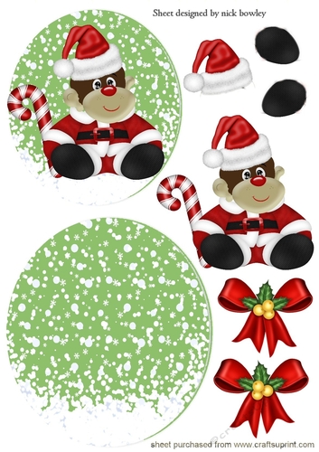 Cheeky Monkey in santa hat with bows rocker card