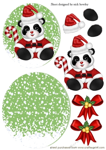 cute panda bear in santa hat with bows rocker card