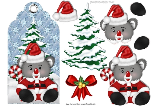 Cute koala bear in santa hat with christmas tree on a tag