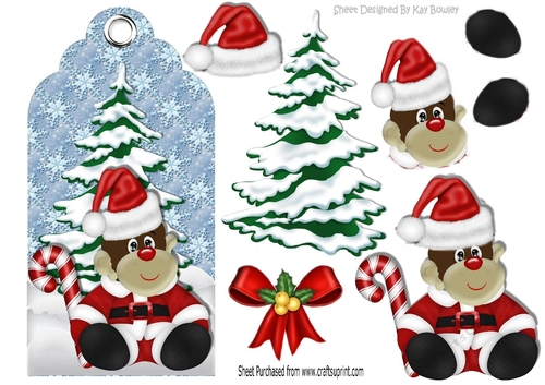 cheeky monkey in santa hat with christmas tree on a tag