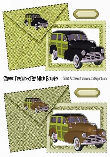 1948 Vintage woody cars on green card with envelope card fronts