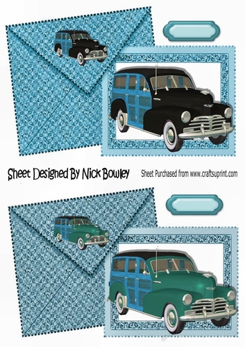1948 Vintage woody cars on blue card with envelope card fronts