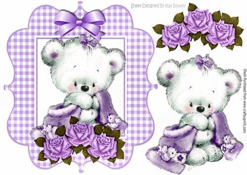 Baby bear in gingham frame with purple roses and bow
