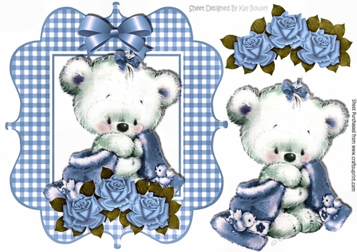 Baby bear in gingham frame with blue roses and bow