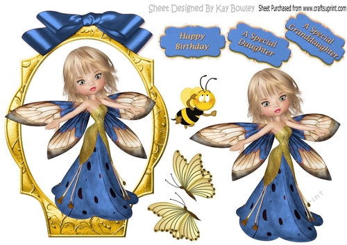 sweet little faerie with bumble bee and butterflies with blue bow