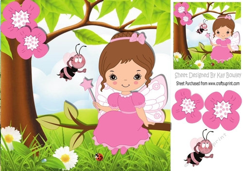 Little faerie in pink, sitting on a branch with bumble bee 8x8