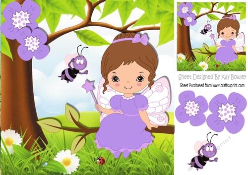Little faerie in lilac, sitting on a branch with bumble bee 8x8