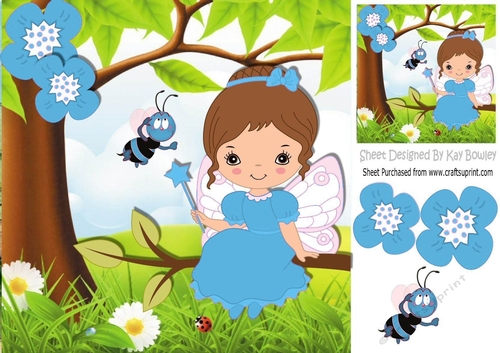 Little faerie in turq, sitting on a branch with bumble bee 8x8