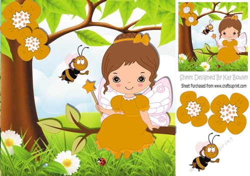 Little faerie in gold, sitting on a branch with bumble bee 8x8