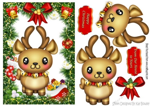 Little reindeer in festive frame with bow