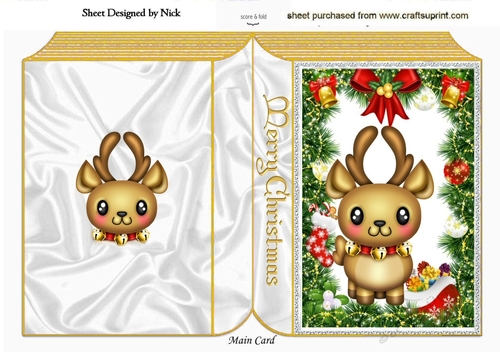 Little reindeer in festive frame with bow, folded book