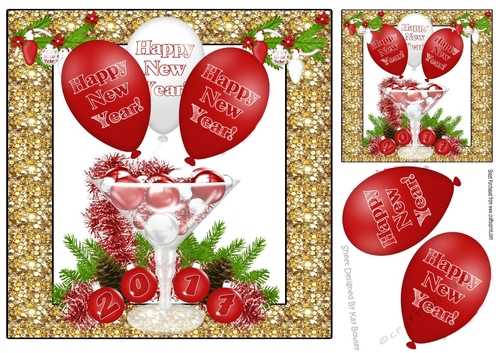 Red New Year Balloon & Glass of festive baubles 8x8