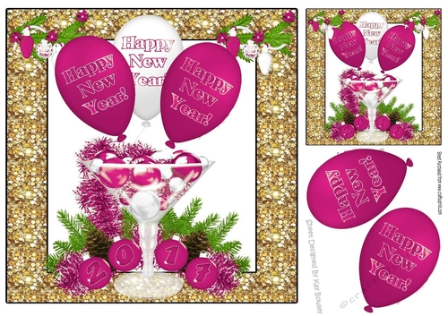 Cerise New Year Balloon & Glass of festive baubles 8x8
