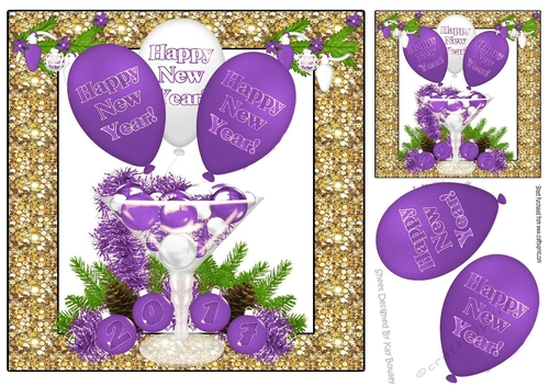 Purple New Year Balloon & Glass of festive baubles 8x8