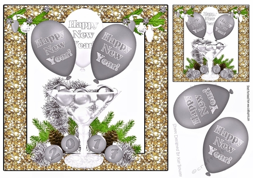 silver New Year Balloon & Glass of festive baubles 8x8