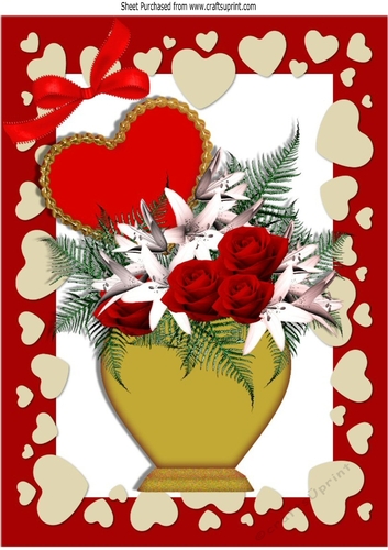 Red roses in a vase for my valentine, with red bow in heart frame A4
