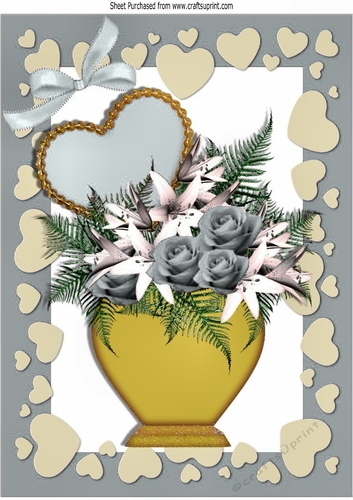 silver roses in a vase for my valentine, with silver bow in heart frame A4
