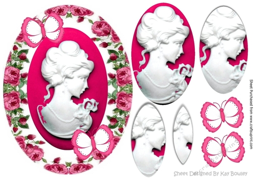 Pretty cameo lady in cerise roses pyramids with butterflies