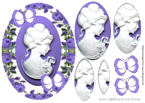 Pretty cameo lady in purple roses pyramids with butterflies