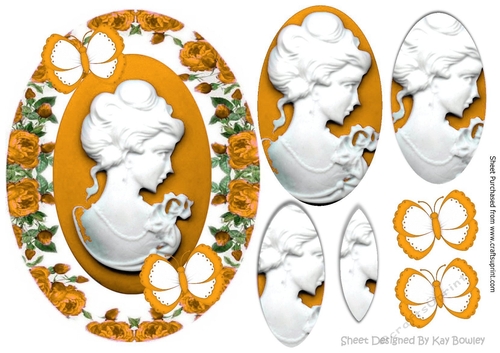 Pretty cameo lady in gold roses pyramids with butterflies