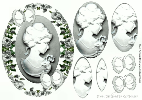 Pretty cameo lady in silver roses pyramids with butterflies