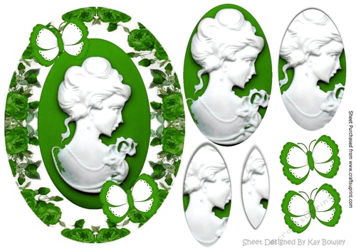 Pretty cameo lady in green roses pyramids with butterflies