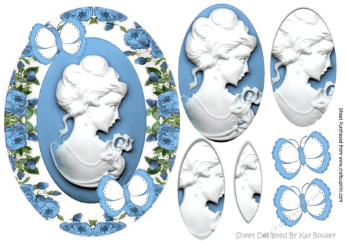 Pretty cameo lady in blue roses pyramids with butterflies
